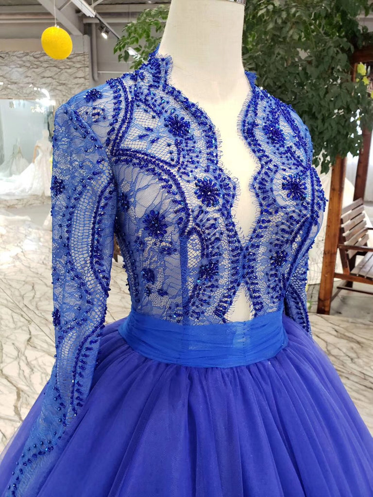 Buy Elegant Royal Blue Long Sleeves Ball Gown Lace up Puffy Quinceanera  Dress with Appliques Online – Cheappromproms